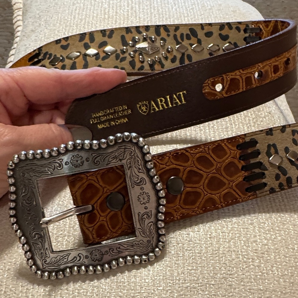 Ariat Brown and Tan Leather women’s Belt with Ornate Silver Buckle